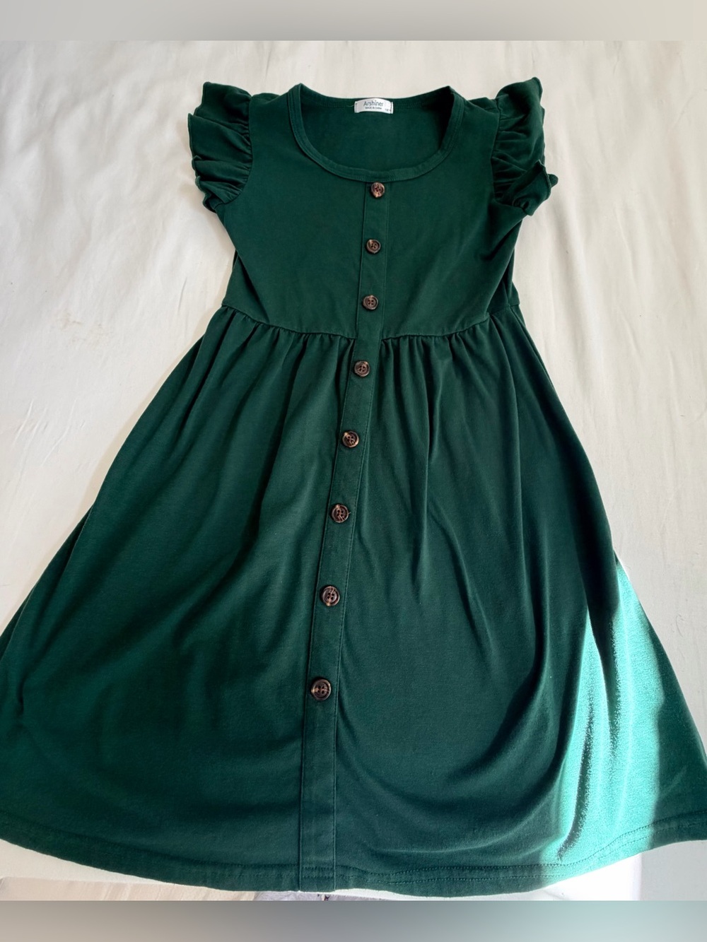 ARSHINER Button-Front Green Ruffle Sleeve Dress - , Kids Dresses